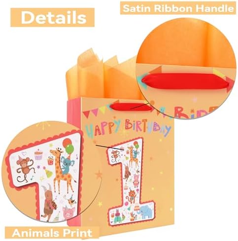 Set de Bolsa de Regalo Grande de 13'' para Niños y Niñas, Fiesta de 1er Cumpleaños, Incluye Tarjeta, Papel de Seda y Stickers, Diseño de Animales, 1 - imagen 4