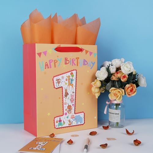 Set de Bolsa de Regalo Grande de 13'' para Niños y Niñas, Fiesta de 1er Cumpleaños, Incluye Tarjeta, Papel de Seda y Stickers, Diseño de Animales, 1 - imagen 5
