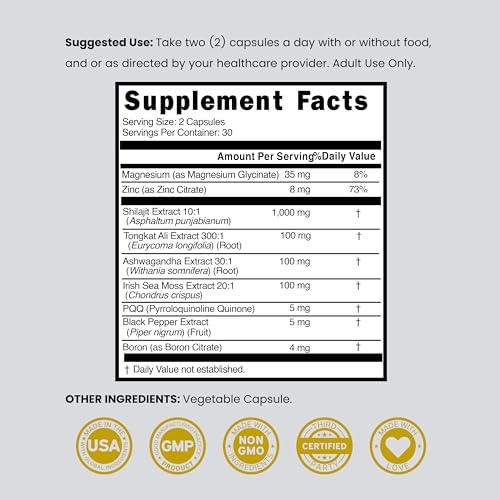 Suplemento de Shilajit para Hombres y Mujeres con Musgo Marino, Ashwagandha, Tongkat Ali, Boro, Zinc, PQQ, Pimienta Negra y Magnesio - Ácido Fulvico - imagen 6