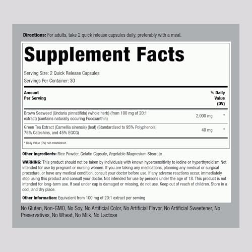 Cápsulas de Alga Parda Piping Rock | 60 Unidades | Suplemento de Extracto de Fucoxantina | Sin OGM, Sin Gluten - imagen 2