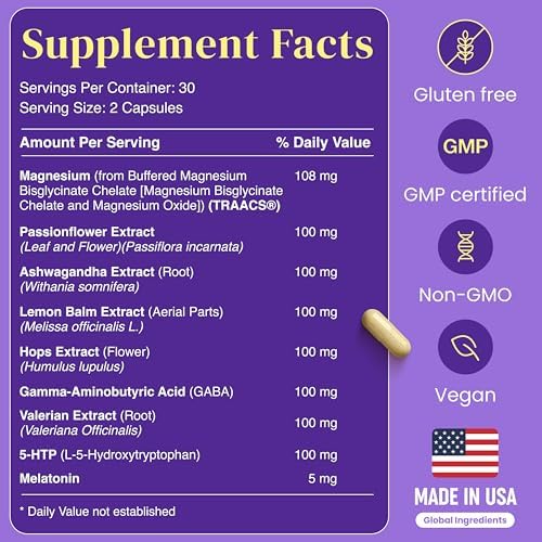 Suplemento Herbal para Dormir 9 en 1 con Melatonina 5mg y 108mg de Magnesio - Vegano, Hecho en EE.UU., 60 Cápsulas - imagen 5