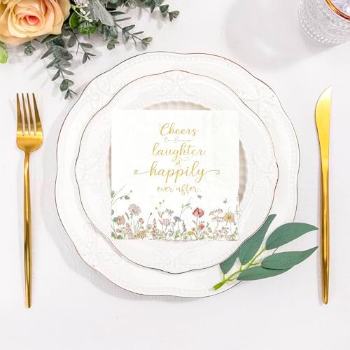 Servilletas desechables Crisky de 3 capas con diseño floral y foil dorado Cheers To Love para bodas, compromisos y despedidas de soltera, 50 piezas - imagen 3
