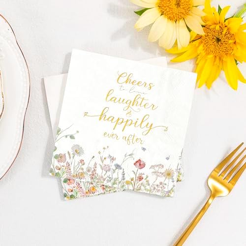 Servilletas desechables Crisky de 3 capas con diseño floral y foil dorado Cheers To Love para bodas, compromisos y despedidas de soltera, 50 piezas - imagen 4