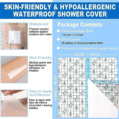 Cubierta de Ducha Impermeable para Catéter de Diálisis 25PCS (7.8x7.8), Adhesiva para Línea PICC, Cobertura Estirable para Heridas y Tatuajes, - imagen 4