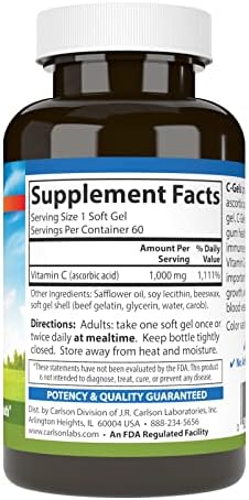 Carlson - C-Gel, 1000 mg de Vitamina C, Apoyo Inmunológico y Salud de Tejidos, Antioxidante, 60 Geles Blandos - imagen 2