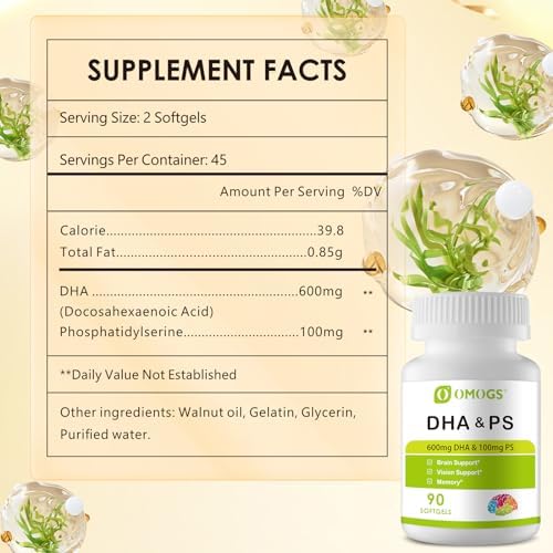 OMOGS Algas DHA - 600 mg de Omega-3 DHA en Softgels, con Fosfatidilserina y Aceite de Nuez, Apoya la Salud Cerebral, Visión y Memoria, 90 Softgels - imagen 2