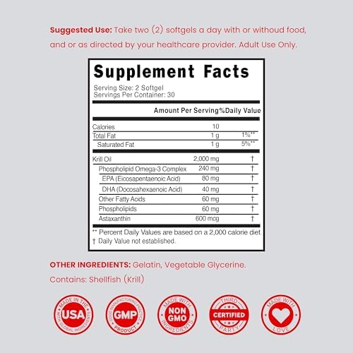 Suplemento de Aceite de Kril Antártico (2000mg por porción, 60 cápsulas blandas) - Omega 3 con EPA, DHA y Astaxantina - Fosfolípidos Premium para - imagen 6