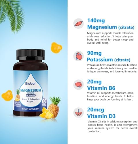 Gomitas de Citrato de Magnesio y Potasio Biobor, Suplemento de Magnesio con Vitamina D3 y B6, Equilibrio de Electrolitos y Relajación Muscular (60 - imagen 4