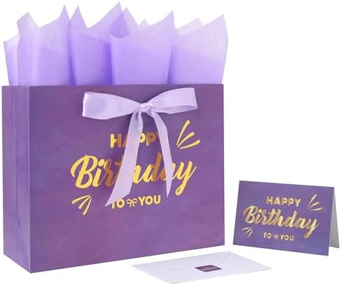 Set de 1 Bolsa Grande de Regalo Morada de 13 con Tarjeta de Felicitación y Papel de Seda Lavanda (Feliz Cumpleaños en Foil Dorado) para Fiestas de - imagen 1