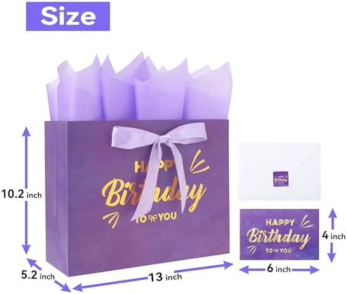 Set de 1 Bolsa Grande de Regalo Morada de 13 con Tarjeta de Felicitación y Papel de Seda Lavanda (Feliz Cumpleaños en Foil Dorado) para Fiestas de - imagen 2