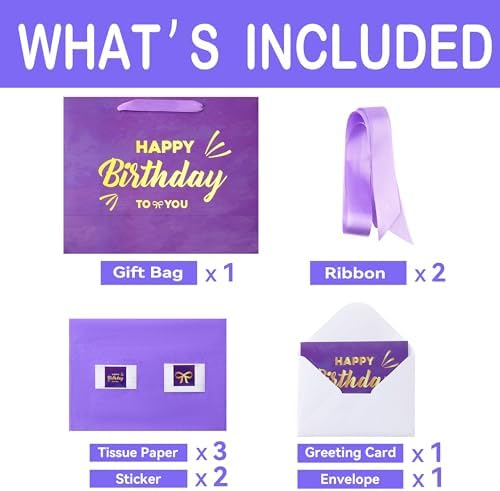 Set de 1 Bolsa Grande de Regalo Morada de 13 con Tarjeta de Felicitación y Papel de Seda Lavanda (Feliz Cumpleaños en Foil Dorado) para Fiestas de - imagen 3