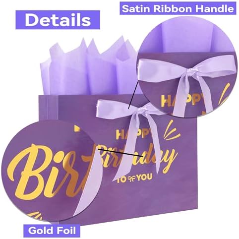 Set de 1 Bolsa Grande de Regalo Morada de 13 con Tarjeta de Felicitación y Papel de Seda Lavanda (Feliz Cumpleaños en Foil Dorado) para Fiestas de - imagen 4
