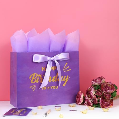 Set de 1 Bolsa Grande de Regalo Morada de 13 con Tarjeta de Felicitación y Papel de Seda Lavanda (Feliz Cumpleaños en Foil Dorado) para Fiestas de - imagen 5