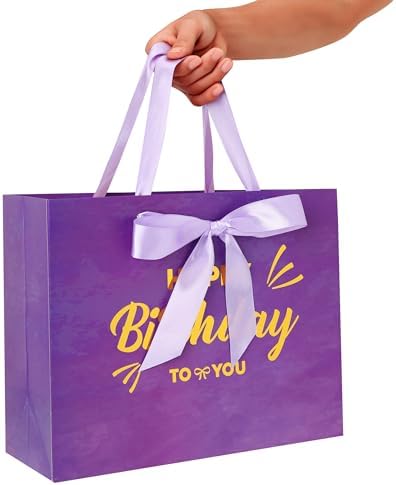 Set de 1 Bolsa Grande de Regalo Morada de 13 con Tarjeta de Felicitación y Papel de Seda Lavanda (Feliz Cumpleaños en Foil Dorado) para Fiestas de - imagen 6