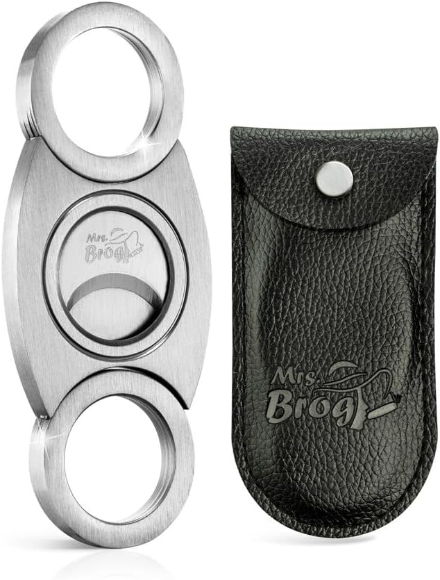 Cortador de Cigarros de Acero Inoxidable Mrs. Brog con Protector Trasero - Puntas Redondas y Cuerpo - Estuche de Cuero - Doble Cuchilla Guillotina - imagen 1