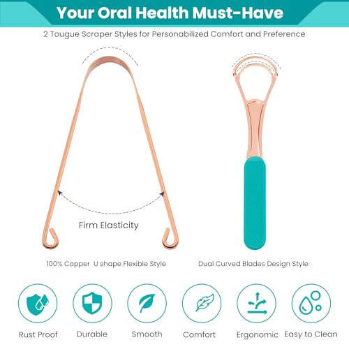 Set de 2 Raspadores de Lengua de Cobre, Limpiador Oral para Adultos y Niños, Cepillo de Lengua de Acero Inoxidable con Doble Hoja y Bolsa de Viaje - imagen 2