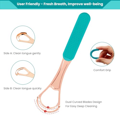 Set de 2 Raspadores de Lengua de Cobre, Limpiador Oral para Adultos y Niños, Cepillo de Lengua de Acero Inoxidable con Doble Hoja y Bolsa de Viaje - imagen 4