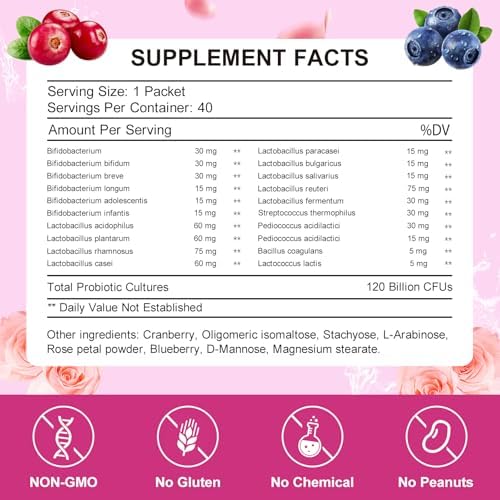 KFG Polvo Probiótico para Mujeres, 100 Mil Millones de CFUs, 20 Cepas, 3 Prebióticos Orgánicos, Arándano, Enzimas Digestivas y D-Mannosa, 40 Sobres - imagen 2