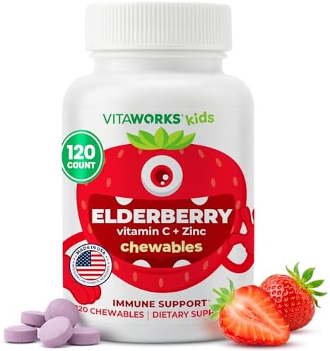 VitaWorks Kids Suplemento de Inmunidad con Sambuco de Saúco - Vitamina C y Zinc, Sabor Fresa - 120 Gomas Veganas, Kosher y No Transgénicas, Hecho en - imagen 1