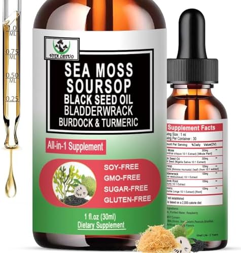 Gotas Líquidas de Musgo Marino y Aceite de Semilla de Nigella con Soursop, Bladderwrack, Raíz de Bardana y Cúrcuma - Superalimento Orgánico - imagen 1
