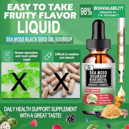 Gotas Líquidas de Musgo Marino y Aceite de Semilla de Nigella con Soursop, Bladderwrack, Raíz de Bardana y Cúrcuma - Superalimento Orgánico - imagen 5