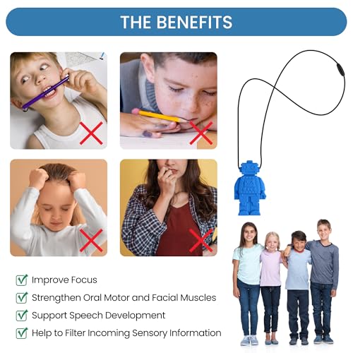 Collares Masticables para Niños Sensibles, Paquete de 5 Collares de Silicón Diseño Robot, Ayudas Motoras Orales para Niños con Autismo, TDAH, SPD o - imagen 2
