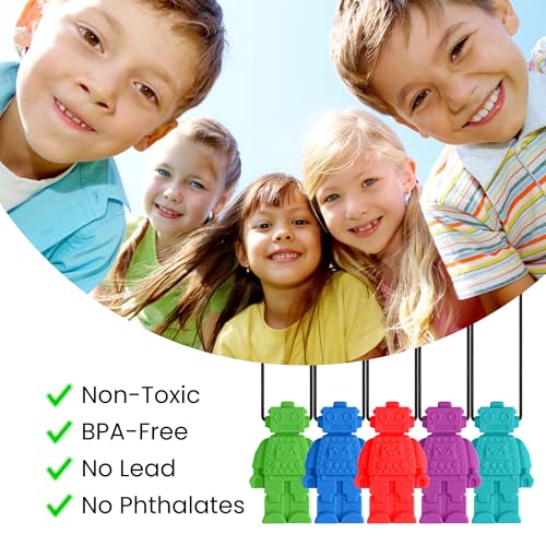 Collares Masticables para Niños Sensibles, Paquete de 5 Collares de Silicón Diseño Robot, Ayudas Motoras Orales para Niños con Autismo, TDAH, SPD o - imagen 5