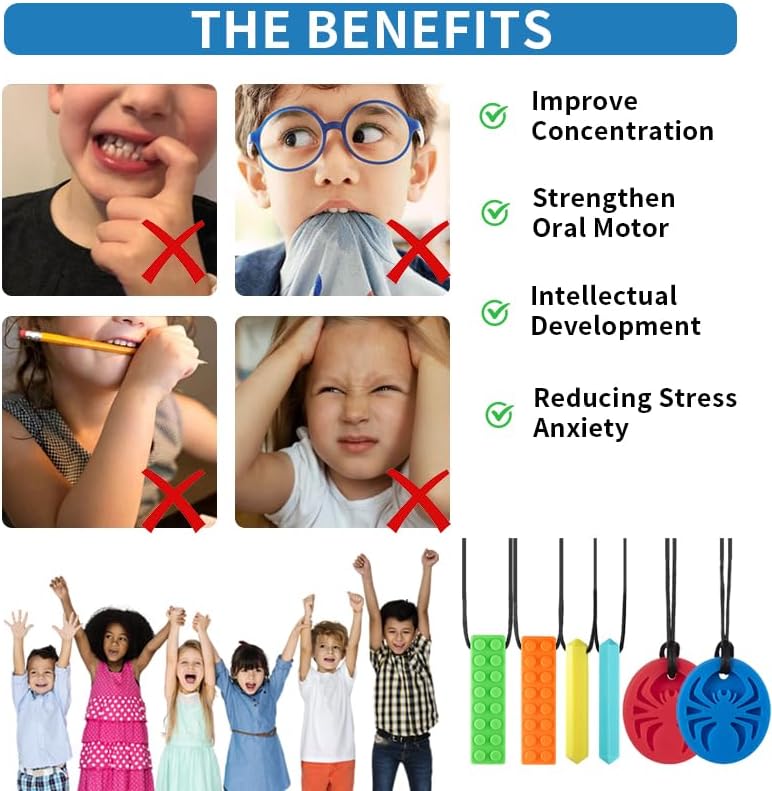 Collares Masticables SOSKYGELO para Niños Sensoriales, Paquete de 6 Collares de Silicona para Autismo, TDAH y SPD, Juguetes de Masticar para Reducir - imagen 3