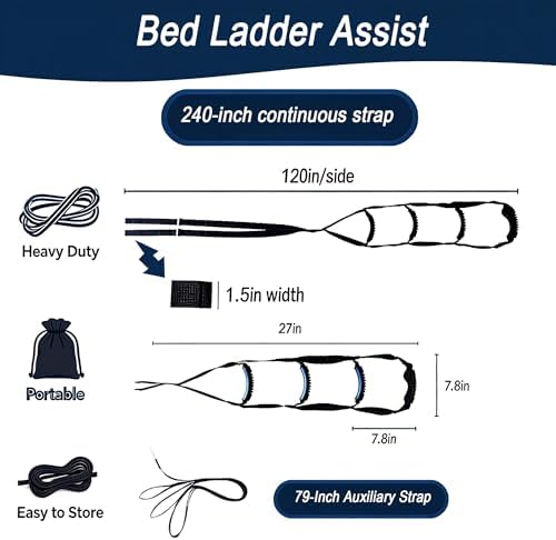 Escalera de Cama con 4 Agarraderas, Longitud Ajustable y Soporte de Doble Punto, Ayuda para Levantarse para Personas Mayores, Embarazadas, Obesas y - imagen 2