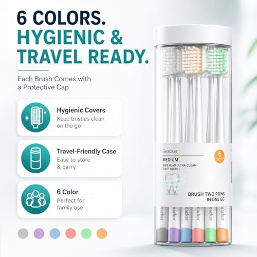Cepillo de Dientes Geacker Ultra Clean Suave para Adultos, Cabeza Ancha, Cerdas Espirales Medias, Manual con Funda, Multi-color, Paquete de 6, Uso - imagen 5