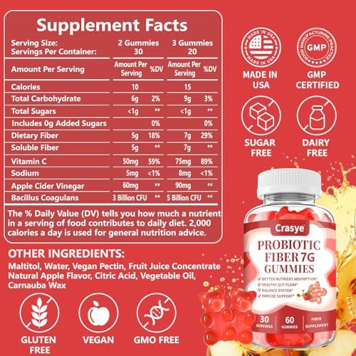 Gomitas de Fibra Crasye para Adultos, Suplemento de Fibra Probiótica Sin Azúcar para Salud Digestiva y Bienestar Inmunológico - 60 Gomitas - imagen 2