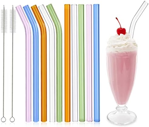 Pajillas de Vidrio Reutilizables RENYIH, 10 Piezas de 9''x12 mm para Batidos, Té y Jugo, 5 Rectas y 5 Curvas con 2 Cepillos de Limpieza - Apto para - imagen 1