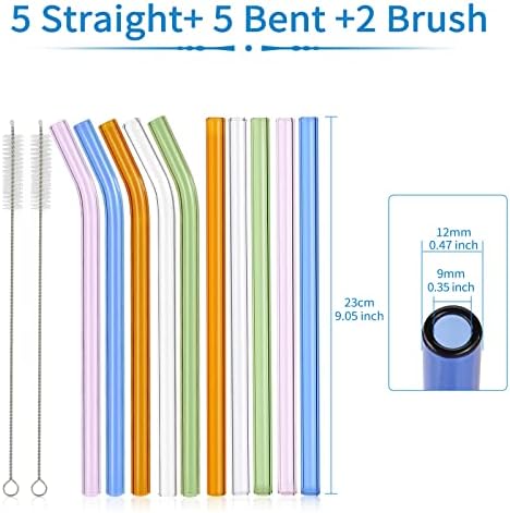 Pajillas de Vidrio Reutilizables RENYIH, 10 Piezas de 9''x12 mm para Batidos, Té y Jugo, 5 Rectas y 5 Curvas con 2 Cepillos de Limpieza - Apto para - imagen 3