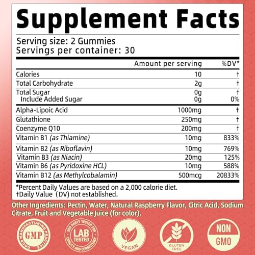 Gomitas de Ácido Alfa Lipoico 1000 MG, Suplemento ALA Potente con Glutatión, CoQ10 y Complejo B, Sin Azúcar, Sabor Frambuesa, 60 Unidades - imagen 3