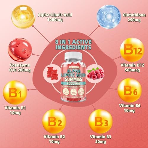 Gomitas de Ácido Alfa Lipoico 1000 MG, Suplemento ALA Potente con Glutatión, CoQ10 y Complejo B, Sin Azúcar, Sabor Frambuesa, 60 Unidades - imagen 4