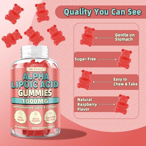 Gomitas de Ácido Alfa Lipoico 1000 MG, Suplemento ALA Potente con Glutatión, CoQ10 y Complejo B, Sin Azúcar, Sabor Frambuesa, 60 Unidades - imagen 5