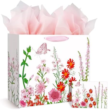 Bolsas de Regalo Konsait de 13 con Flores Rojas y Rosas, Incluye Papel de Seda y Tarjeta para Cumpleaños, Bodas, Baby Shower y Más - imagen 1