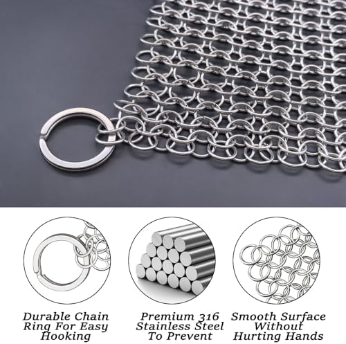 Limpiador de Hierro Fundido, Estropajo de Acero Inoxidable 316 de 6 Pulgadas, Cepillo para Sartén con Anillo, Limpiador de Cadena para Parrillas y - imagen 3