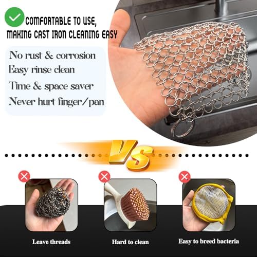 Limpiador de Hierro Fundido, Estropajo de Acero Inoxidable 316 de 6 Pulgadas, Cepillo para Sartén con Anillo, Limpiador de Cadena para Parrillas y - imagen 4