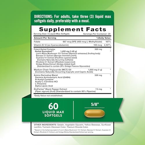 Suplemento Nature's Truth Brain Up Softgels | 60 Cápsulas | Con L-Theanina, Bacopa, B-12 y MCT | No GMO y Libre de Gluten - imagen 2