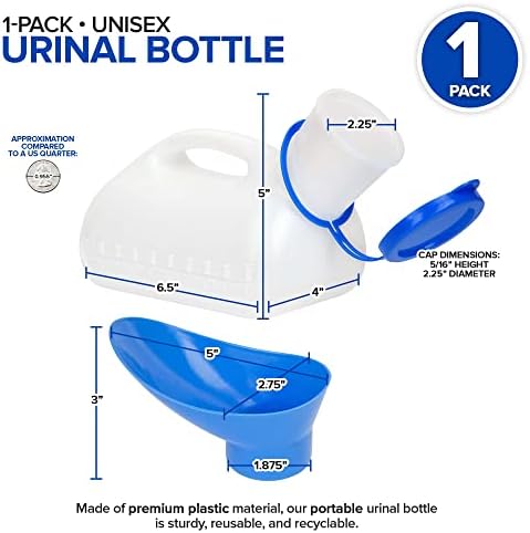 Botella Urinaria Unisex (1 Paquete) - Urinario Portátil para Mujeres y Hombres - Dispositivo de Orina Femenino con Tapa - 32 Oz - Embudo para Orinar - imagen 2