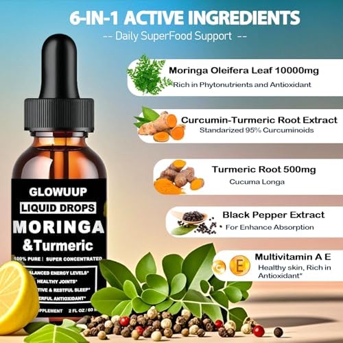 Gotas Líquidas de Moringa Orgánica, Hojas de Moringa Puras con Cúrcuma, Pimienta Negra y Vitamina C E - Antioxidante, Articulaciones, Digestión e - imagen 2