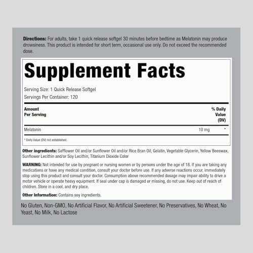 Melatonina Piping Rock 10mg | 120 Cápsulas Blandas | Suplemento de Liberación Rápida | Alta Absorción | Sin OGM, Sin Gluten - imagen 2