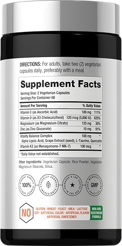 Horbäach Vitamina D3 K2 | 5000 IU D3 | 120 Cápsulas | Con Magnesio, Zinc y Quercetina | Suplemento Vegetariano, No GMO, Sin Gluten - imagen 2