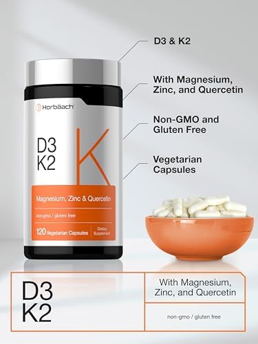 Horbäach Vitamina D3 K2 | 5000 IU D3 | 120 Cápsulas | Con Magnesio, Zinc y Quercetina | Suplemento Vegetariano, No GMO, Sin Gluten - imagen 4
