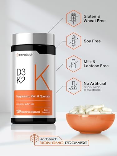 Horbäach Vitamina D3 K2 | 5000 IU D3 | 120 Cápsulas | Con Magnesio, Zinc y Quercetina | Suplemento Vegetariano, No GMO, Sin Gluten - imagen 5