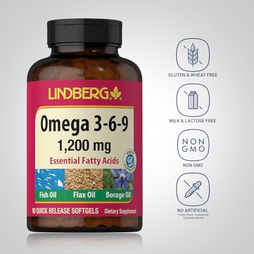 Suplementos Lindberg Omega 3 6 9 | 1200mg | 90 Cápsulas Blandas | Ácidos Grasos Esenciales | Aceite de Pescado, Linaza y Borraja | Sin OGM, Sin Gluten - imagen 3