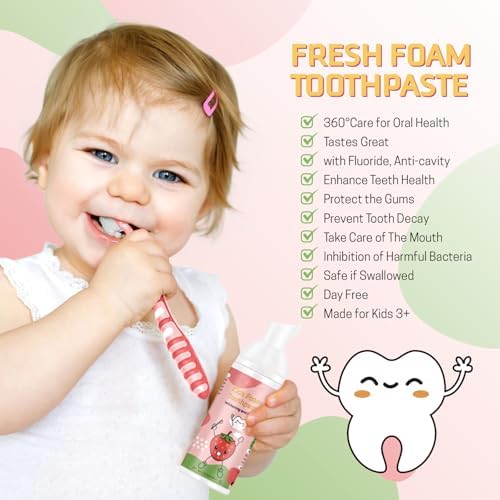 Pasta de Dientes Espuma para Niños 2 Piezas, Pasta de Dientes de Mousse con Flúor para Niños, Sabor Fresa y Sandía, Anti-Cárcies para Niños 3+ Años - imagen 3