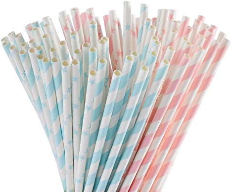Popotes de Papel ALINK en Rosa Claro, Azul y Blanco, 100 Popotes Biodegradables para Fiestas, Baby Shower, Revelación de Género, Cumpleaños y - imagen 1