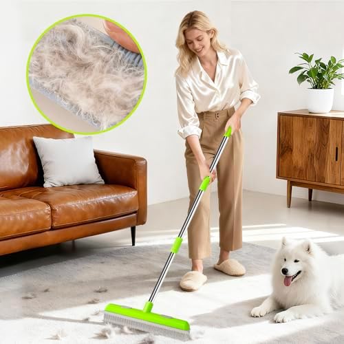 Escoba de Goma para Remover Pelo de Mascota, Rastrillo para Alfombra con Limpiaparabrisas, Mango Largo de 52 pulgadas, Doble Cara para Alfombra, Piso - imagen 3